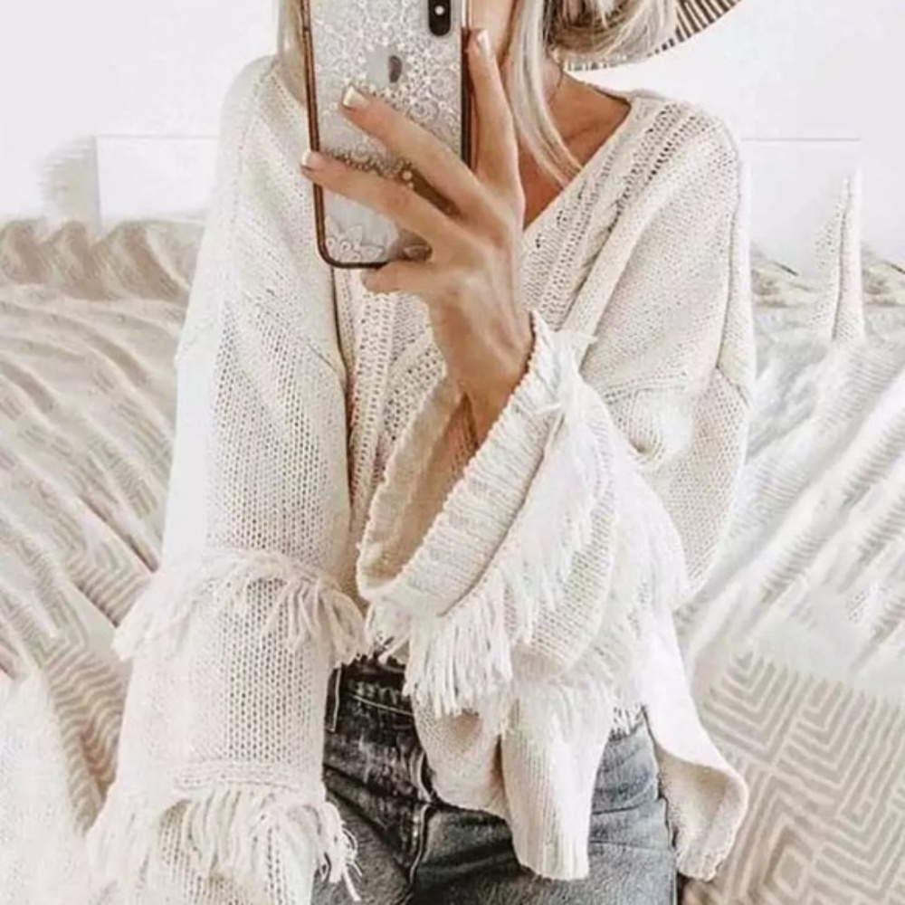 Cream Knit Fringe Tassel V Neck Boho Sweater - Picture 2 of 3